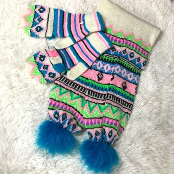 Sequin Sparkle Fair Aisle Pom Pom Scarf & Convertible Mitten to Fingerless Set - Picture 1 of 11